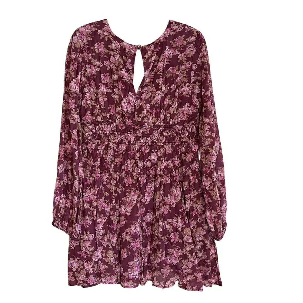 Free People Mini Dress Keep You Floral Long Sleeve Deep V-Neck Berry Combo Sz L